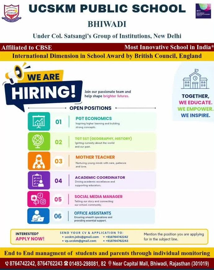 UCSKM Public School Bhiwadi Recruitment 2026
