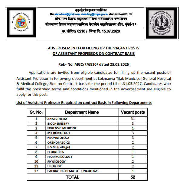 LTMG Hospital & Medical College Mumbai Assistant Professor Recruitment 2026