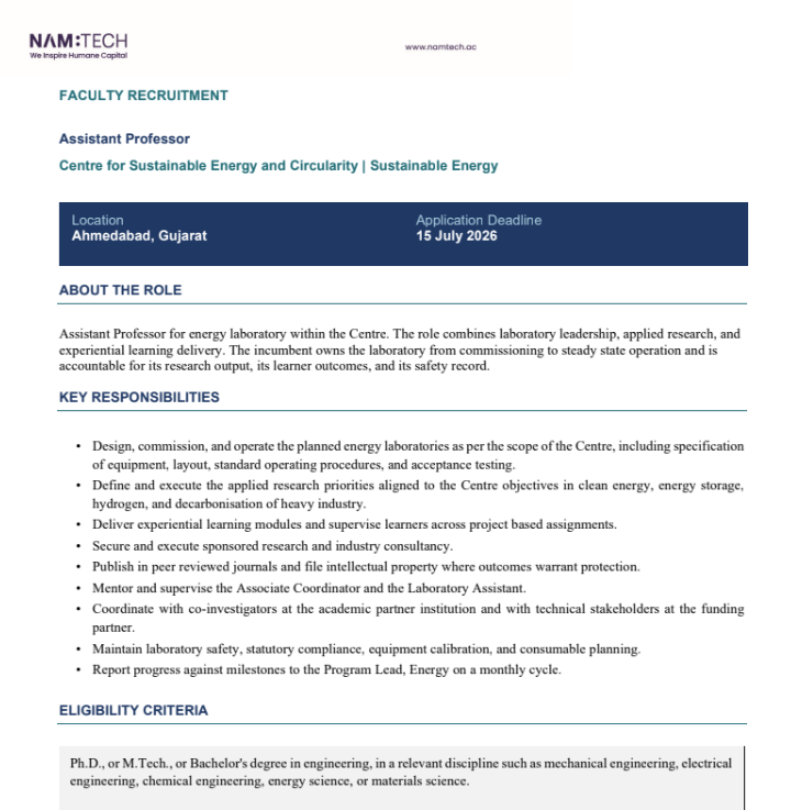Assistant Professor Jobs in Sustainable Energy at NAMTECH Ahmedabad 2026