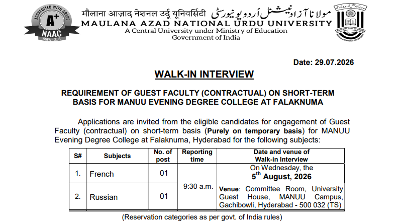 MANUU Guest Faculty Recruitment 2026