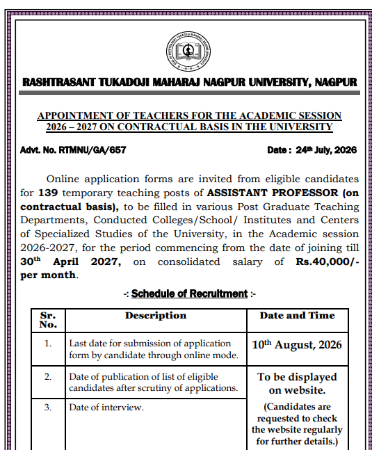 RTMNU Nagpur Assistant Professor Recruitment 2026