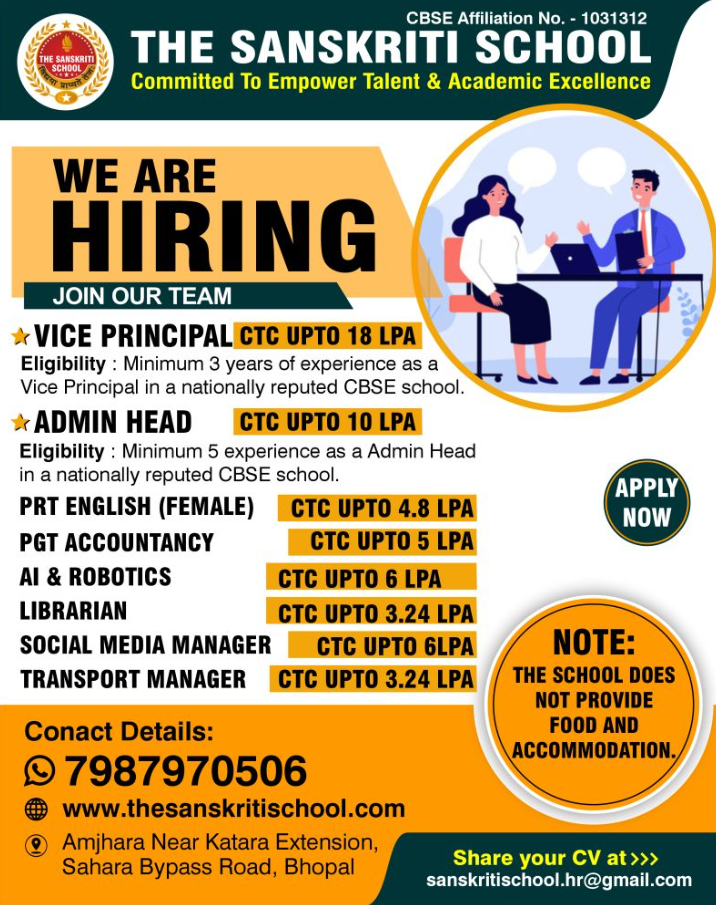 The Sanskriti School Bhopal Recruitment 2026