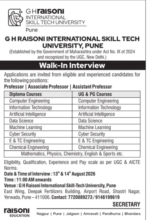 G H Raisoni International Skill Tech University Pune Recruitment 2026