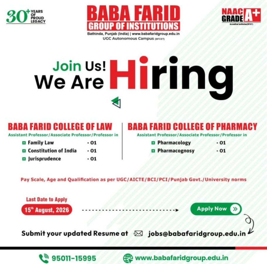 Baba Farid Group of Institutions Bathinda Recruitment 2026
