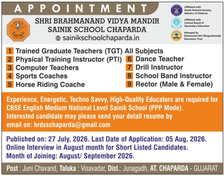 Shri Brahmanand Vidya Mandir Sainik School Chaparda Recruitment 2026