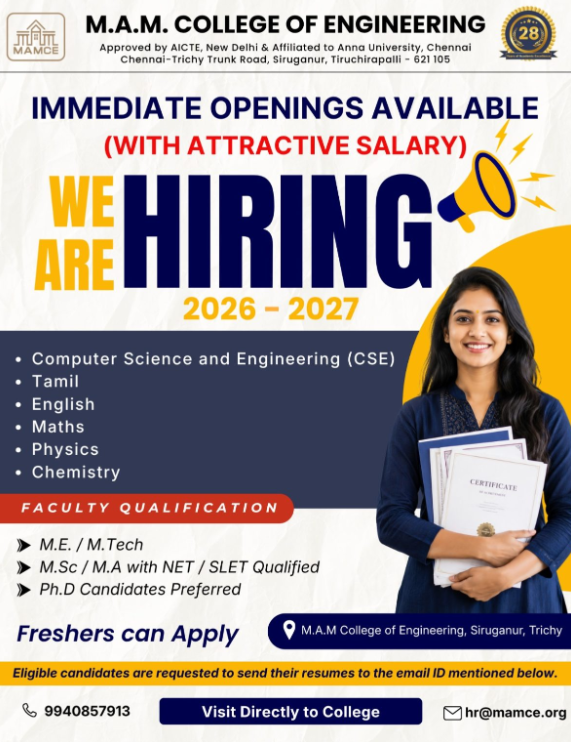 M.A.M. College of Engineering Assistant Professor Recruitment 2026