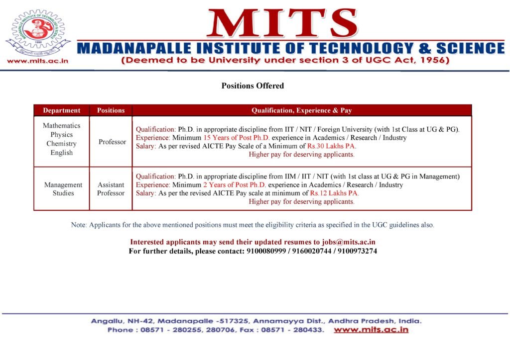 Assistant Professor and Lab Assistant Vacancies at MITS Madanapalle 2026