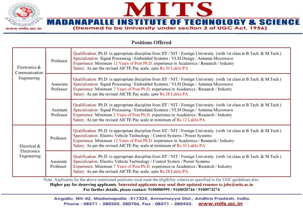 Assistant Professor and Lab Assistant Vacancies in ECE EEE at MITS 2026